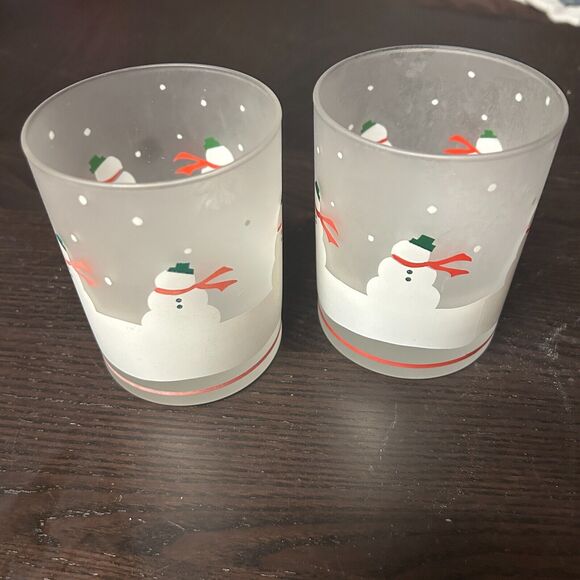 Set of 2 Frosted Glass Snowman Holiday Christmas Glasses 4" (H) - Picture 1 of 6